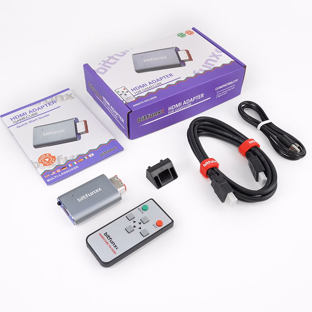 Bitfunx GC2HD GameCube HDMI Adapter mit Fernbedienung, Kabeln, Halterung und Verpackung